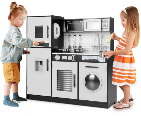 HOMASIS Spielküche mit Zubehör, Kinderküche Holz mit Herd Spüle Wasserhahn Mikrowelle Ofen Waschmaschine, Spielzeugküche mit Licht & Sound, Küchenspielzeugset ab 3 Jahren (Schwarz, Modell 2)