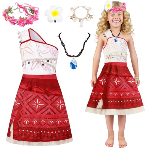 viallolipa Kostüm Kinder Mädchen, Ozeanien Kleid Faschingskostüme Kinder mit Armband, Halskette, Blumenclip, Blumenkrone für Mädchen Geburtstagsdeko Karneval Halloween Cosplay