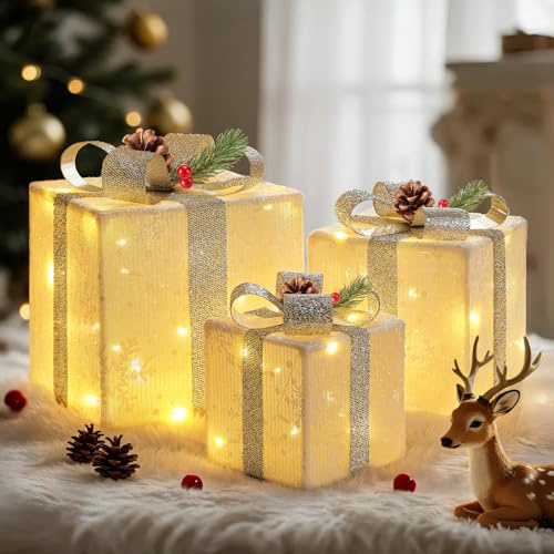 Lewondr Weihnachtliche Beleuchtete Geschenkboxen, 3PCS Weihnachts-Geschenkboxen Für Innen- Und Außenbereich Mit Fernbedienung, USB-Kabel, Weißes Schneeflockenmuster Und Schleifen, Weihnachtsdekoration