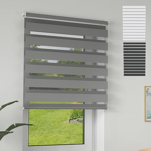 XMTECH Doppelrollo Klemmfix ohne Bohren Grau 100x150 cm – Zebra Rollo lichtdurchlässig & verdunkelnd, Duo Rollo Klemmrollo für Fenster & Türen, modernes Seitenzugrollo Sonnenschutzrollo