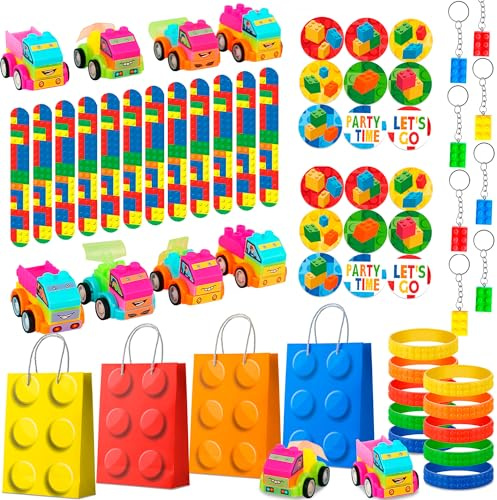 Building Block Decorazioni per Feste di Compleanno, 62pcs Blocchi di Costruzione Gadget Compleanno Set - Portachiavi Mattoncini Sacchetto Adesivi etc Decorazioni Compleanno Blocchi Bomboniere | Include 12 auto frizione, 12 sacchetti regalo, portachiavi, bracciali, adesivi, ideale per piñata e bomboniere