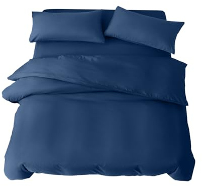 King Duvet Set 4 Piece King Bedding Set with Fitted Sheet and Pillowcases Soft Brushed Microfibre Breathable Duvet Cover Sets (Navy Blue)