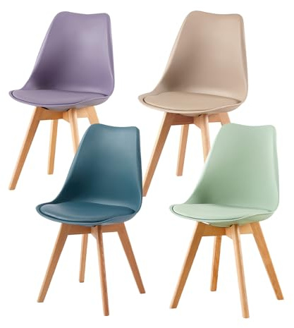EGGREE 4er Set Esszimmerstühle im Skandinavischen Stil,4 Küchenstühle in Modernen Hellen Farben,Gepolstert in PU mit Buchenholz Beine,Dunkelblau＋Hellkhaki+Eisgrün＋Grauviolett