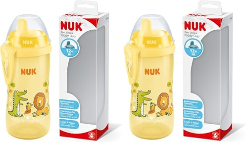 NUK Kiddy Cup Toddler Cup | 12+ Months | 300 ml | Leak-Proof Toughened Spout | Clip & Protective Cap | BPA-Free | Yellow (Pack of 2)