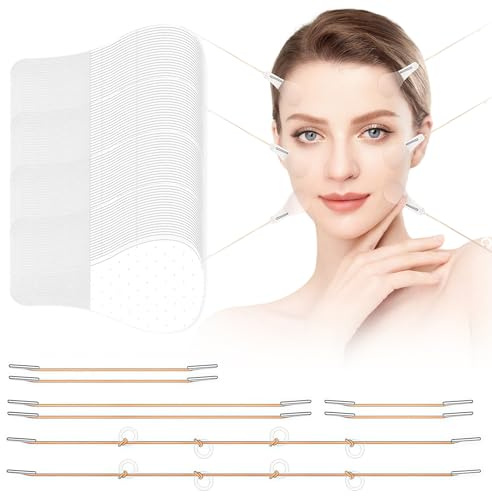 Face Lifting Tape Set,80 Unsichtbare Aufkleber + 8 Hebeseile,V Form Konturierung für Gesicht, Kinn und Hals, Transparent,Make-up Freundlich,Einfaches Anbringen für Alltag