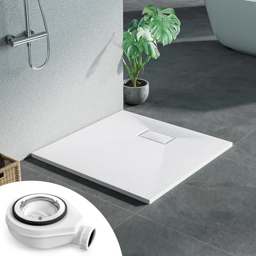 Heilmetz SMC Duschwanne 80 x 80 cm Weiß, flach 2,6 cm inkl. Ablaufgarnitur | Pflegeleichte SMC Duschwanne mit rutschhemmender Steinoptik, 2,6 cm Höhe und 90 mm Ablauföffnung für flexible Montage