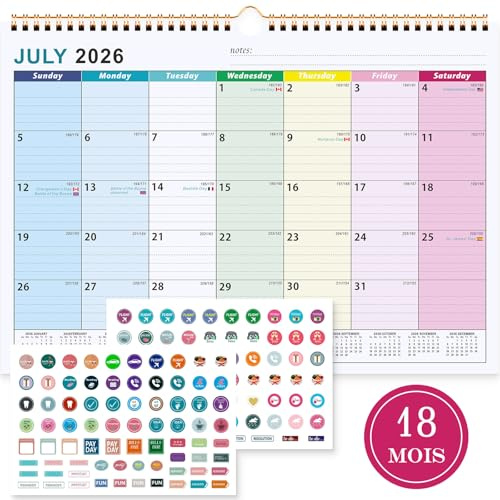 Benjia Calendario de pared 18 meses, calendar de mesa Julio 2026 - Diciembre ​​2027, A4 calendari planificador mensual, agenda calendario niños escolar 2026/2027 pared (Coloridas)
