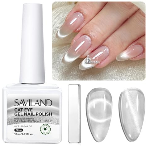 SAVILAND Cat Eye Gel Nail Polish with Magnet: Hema-free Silver Gel Polish | 15ml Soak Off U V LED Magnetic Gel Nail Polish with Castor Oil VE Shining Glitter Gel Polish for French Nail Art DIY Home Use
