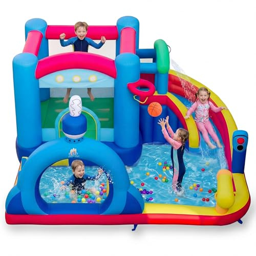 GYMAX Inflatable Water Castle, Kids Bounce House with Slide, Splash Pool, Punching Bag, Water Cannon & Basketball, Indoor Outdoor Children Bouncy Castle for 3-12 Years Old (without Blower)