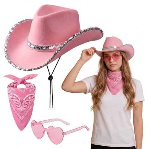 SJDOFU Cowboyhut Zubehör Set, 3 Stück Cowboy Outfit Kit Rosa | mit Cowboyhut Herzförmiger Sonnenbrille Bandanas Cowboyhut Accessories Set