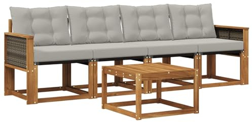vidaXL Outdoor-Sofagarnitur mit Kissen 5 pcs Natürlich und Hellgrau, Garten Sofaset, modernes Wohnmöbel, entspannende Couch für Terrasse und Außenbereich
