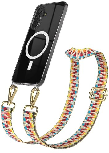 EAZY CASE Handykette - Verstellbares Taschenband kompatibel mit Galaxy A37, Schulterriemen, Handykordel mit Silikon Hülle, Qi Charging kompatibel, Umhängetasche, Regenbogen Gold