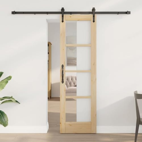 Kaloriko Puerta corredera de madera maciza de pino y cristal negro natural, 61 x 198,5 cm, interior silencioso, ahorro de espacio, diseño moderno, salón, dormitorio, cocina