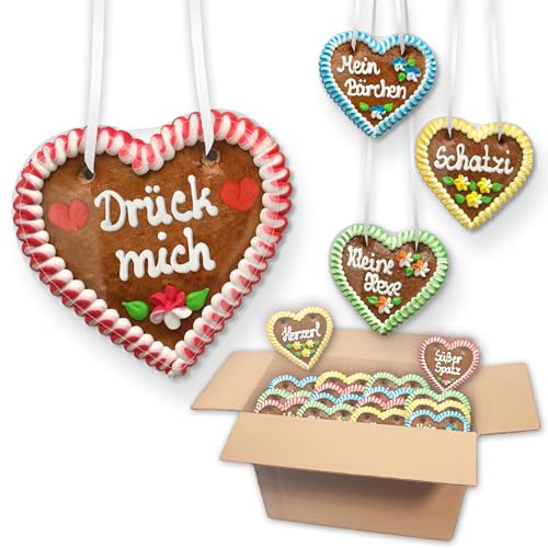 70x Lebkuchenherzen Mischkarton mit klassischen Jahrmarkt-Sprüchen, 12 cm | LEBKUCHEN WELT Premium Qualität - Frisch & Saftig! Lebkuchenherz Volksfest Rummel Kirmes – Give-aways, Gastgeschenke, Party