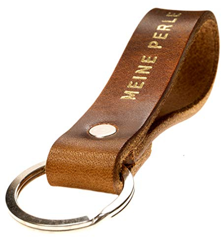 ELBERCRAFT® Schlüsselanhänger Leder MEINE PERLE Geschenk für Frauen oder Männer pflanzlich gegerbt braun mit gravur gold 12 cm made in Germany Leather Keychain