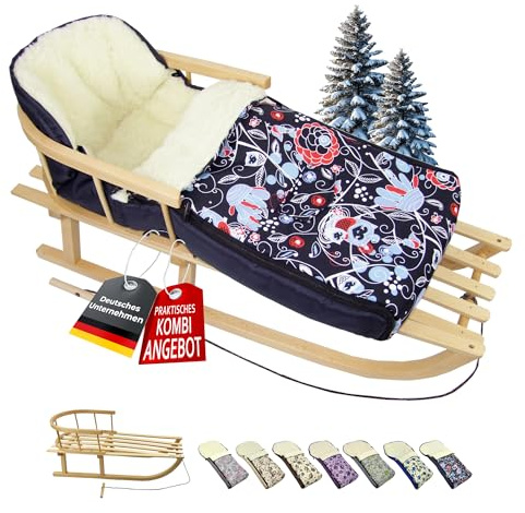 BAMBINIWELT Kombi-Angebot Holz-Schlitten mit Rückenlehne & Zugseil + universaler Winterfußsack (108cm), auch geeignet für Babyschale, Kinderwagen, Buggy, aus Wolle im Eulendesign