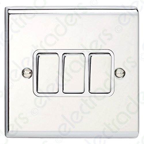 Deta SD1205CHW Light Switch 10 Amp Triple 3 Gang 2 Way (Polished Chrome/White Insert)