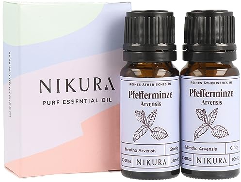 Nikura Peppermint Essential Oil (Arvensis) - 20ml (2 x 10ml) | Perfect for Repelling Spiders, Rats, Mice, Bugs, Ants | Great for Hair, Headaches Relief, Energy Boost, Skin, Candle Making | UK Made