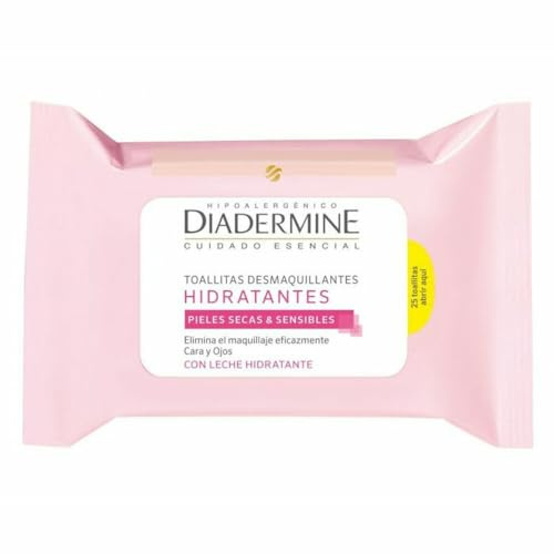 Diadermine Lingettes démaquillantes hydratantes, visage et yeux, au lait hydratant, peaux sèches et sensibles - Le paquet de 25 lingettes
