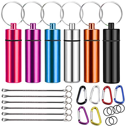 6PCS Aluminum Pill Box Portable Metal Waterproof Keychain Pill Box Keyring Pocket Small Pill Case Container Holder Bottle Snuff Box Money Minder Keyring with Spoon Carabiner for Outdoor Traveling