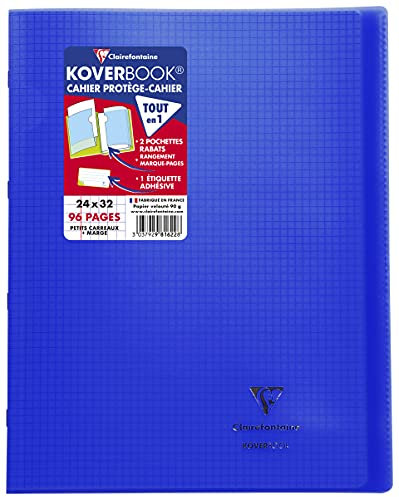 Clairefontaine 981622C Un Cahier Agrafé Koverbook Bleu Marine - 24x32 cm - 96 Pages Petits Carreaux avec Marge - Papier Blanc 90 g - Couverture Polypro