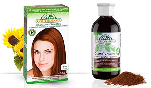 Pack Coloracion AVELLANA 6.43 Permanente 140ml + Champu Henna CASTAÑO 300ml - Tinte sin amoníaco, resorcinol ni parabenos. Los champús a la Henna potencian la durabilidad del color