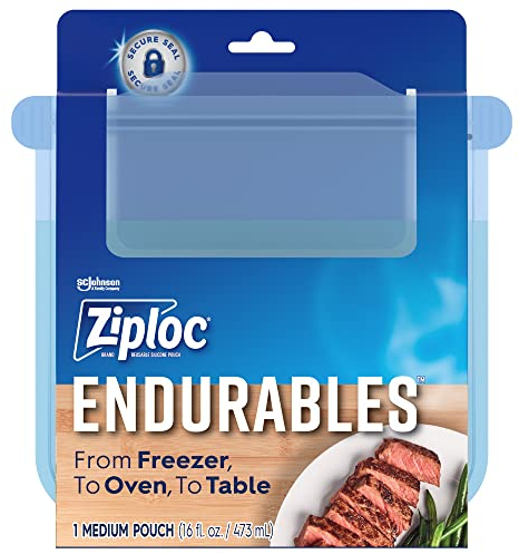 Ziploc Endurables Medium Pouch, 2 Cups, Reusable Silicone Bags and Food Storage Meal Prep Containers for Freezer, Oven, and Microwave, Dishwasher Safe