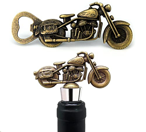 Vintage Bronze Metal Motorcycle Bottle Opener & wine stopper set , Motorcycle Mini Model gift for Men dad husband brother boyfriend, for Birthday, Father’s day, Valentine’s day, Christmas