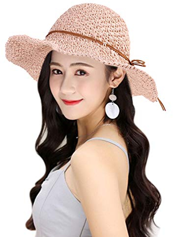 XGOPTS Damen Strohhut UV Schutz Sonnenhut Mädchen Sommerhut mit Schleife Hut Sonnenschutz Faltbar Strandhut Groß Krempe Atmungsaktiv Schlapphut Sommer Urlaub Damenhut Reise Outdoor Ultraleicht