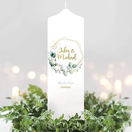 Wandtattoo Loft Hochzeitskerze personalisiert mit Namen und Datum + 2x Gastkerze, Motiv mit Eukalyptuszweig, 25cm x 7cm, personalisierte Traukerze, Hochzeit Kerze selbst gestalten, Hochzeitsgeschenk