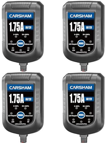[4-Pack] CARSHAM Trickle Battery Charger 6V 12V Smart Float Charger Automatic Maintainer for Car Motorcycle Lawn Mower Tractor Automotive ATV Lead Acid and Lithium Batteries