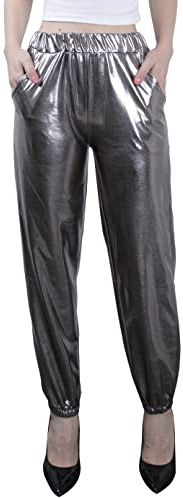 NewL Damen Metallic Glänzend Jogger Casual Holographische Farbe Streetwear Hosen Hip Hop Mode Glatte Elastische Hosen