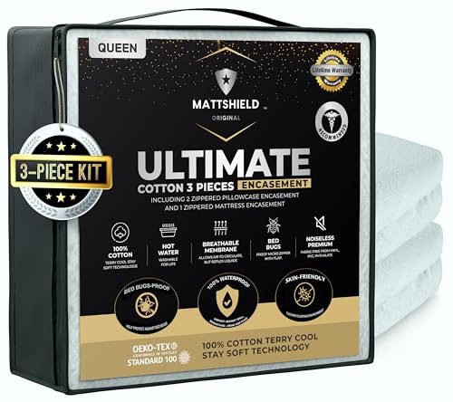 MATTSHIELD Ultimatives 3-teiliges Set – Bettwanzensicherer Matratzenbezug, Queen-Size-Größe, 100% Baumwolle + 2 Kissenschoner mit Reißverschluss – 6-seitige wasserdichte Abdeckung, Beste