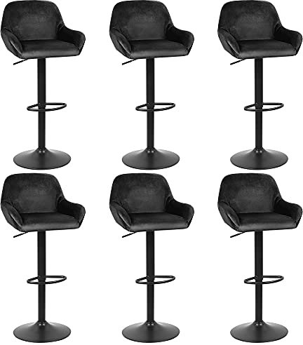 Tabouret de Bar Capitonné Lot de 6 Chaise Bar Pivotante Haute Velours Tabourets Cuisine avec Repose-Pieds, Chaise Haute de Cuisine pour Cuisine/Bar/Comptoir-6PC (Noir)
