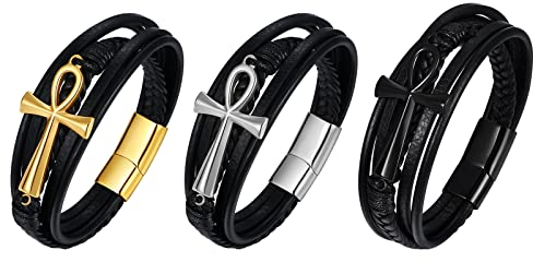 JewelryWe Schmuck 3pcs Herren Lederarmband, Retro Ägyptische Ankh Kreuz Edelstahl Leder Armband Armreif Manschette, Schwarz Gold Silber