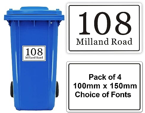 EDSG Personalised Wheelie Bin Numbers Set of 4 Stickers - Custom Sticky House Number With Street Name, White