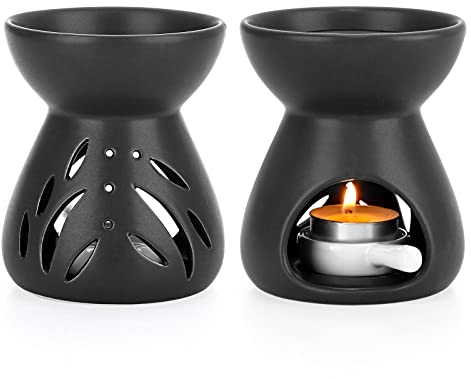 TOLIDA Juego de 2 Quemador de Aceite Esencial-Cerámica Negra Quemadores de Cera Fundida con Cucharita de Forma de Embudo Portavelas Aceites Esenciales con Base Desmontable para Yoga SPA Hogar Oficina