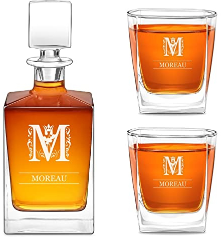 Maverton Service à whisky personnalisé - Ensemble de Carafe Whiskey + 2/4 / 6 verres avec gravure pour homme - accessoires pour lui - pour anniversaire - pour gentleman - anniv - Cadeau Noel - Nom