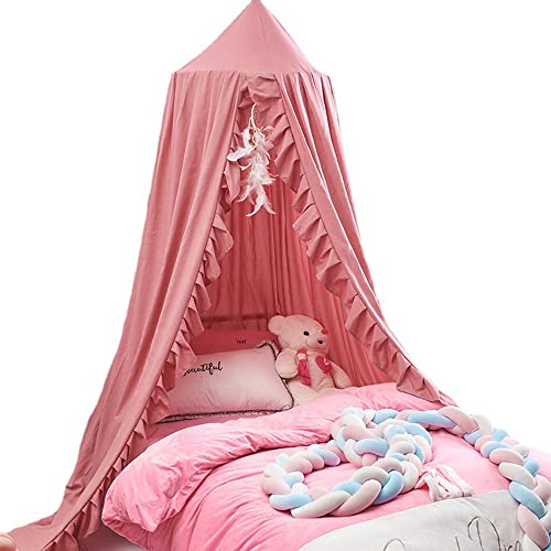 Surwin Betthimmel Madchen Jungen Babybett, Moskitonetz Baldachin mit Spitze Kinderzimmer Einzelbett Himmel Schlafzimmer Dekoration Spielzelte Kinder Geschenk, Ohne Bohren (Rosa)