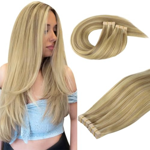 DOORES Tape in Human Hair Extensions, Balayage Light Blonde Highlighted Golden Blonde 40pcs 100g 18 Inch, Straight Hair Extensions Tape in Skin Weft Thick Hair