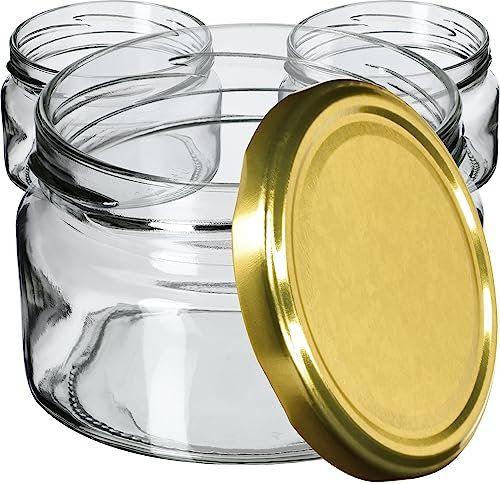 KADAX Lot de 20 bocaux à confiture, 250 ml, avec couvercle Twist-Off fi82, hermétiques et passent au lave-vaisselle, en verre épais, choix de bouchons à vis (doré)