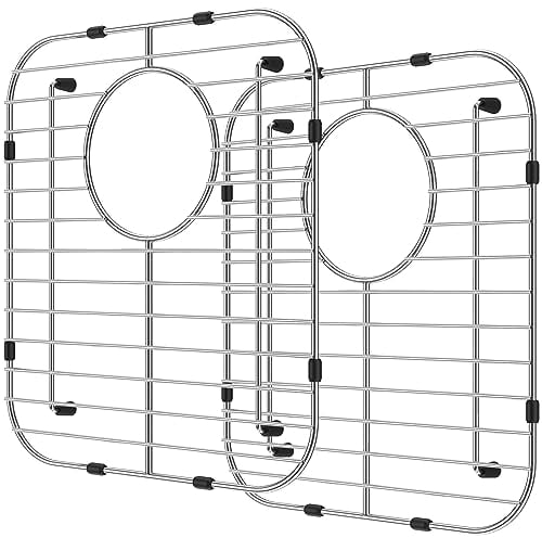 2Pcs Kitchen Sink Protector 34x30cm Stainless Steel Double Bowl Sink Bottom Grid with R50 Corner Multifunctional Sink Rack Dishes Drainer Grid for Sink Grate(offset hole)