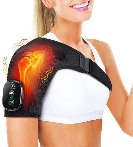 Vendaje de hombro calentado con pantalla digital, 3 temperaturas ajustables, almohadilla térmica para hombro, soporte para manguito rotador, alivio del dolor, artritis, bursitis, escápula endonitis-