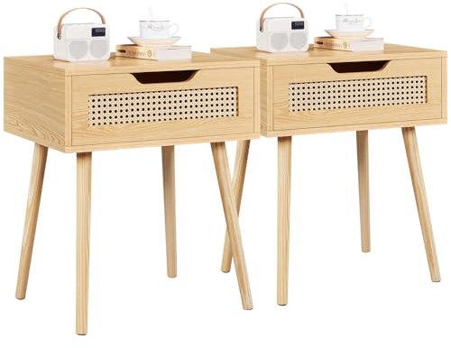 Yaheetech Lot de 2 Tables de Chevet Scandinave Table de Nuit en Bois Chevet de Lit Chambre Adulte Table d'Appoint 1 Tiroir en Rotin pour Salon 48,5 x 41 x 58 cm