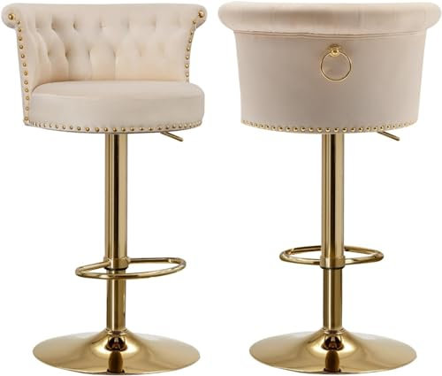 SUPPNEED Swivel Bar Stools Set von 2, Samt Counter Höhe Barhocker mit getufteten zurück, Moderne hohe Esszimmer Hocker Stuhl mit Gold Nailhead für Kücheninsel, Haus Balkon, Cafe, Bar, Pub（Ivory）