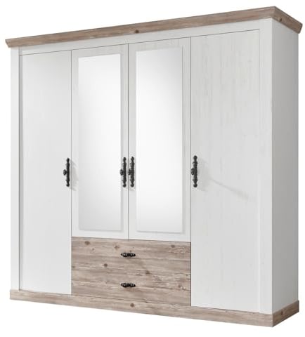 Furn.Design Kleiderschrank in weiß Pinie und Oslo Pinie Landhaus Drehtürenschrank 4-türig mit Spiegel Schlafzimmer Schrank 217 x 201 cm Rovola (Kleiderschrank 2)