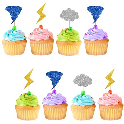 24pcs Tornado Cupcake Toppers, Lightning Cupcake Toppers, Colorful Glitter Weather Cake Decoration for Baby Shower, Tornado Themed Birthday Party Supplies