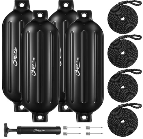 OBAKL Boat Fenders 4 Pack 10 x 30 Inches Ribbed Twin Eyes Boat Fenders Bumpers for Docking, Comes with Ropes and Pump to Inflate(Black)
