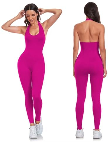 Vertvie Damen Jumpsuit Neckholder Ärmellose Lang Eng Bodysuit Sexy Rückenfrei Scrunch Butt Ganzkörperanzug Romper One Piece Gerippte Playsuit Yoga Workout Sport(Rose,M)