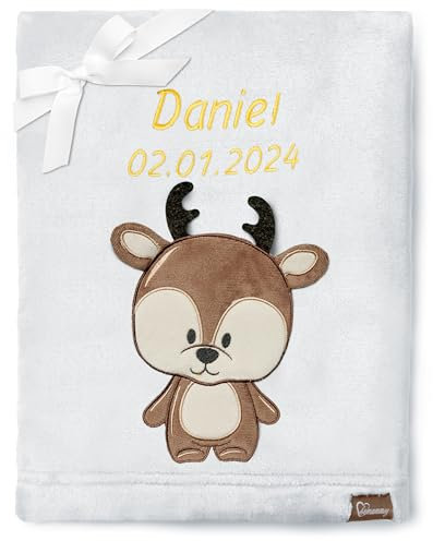Be Mammy Personalisierte Babydecke mit 3D Applikation Warme Kuscheldecke mit Namen und Geburtsdatum; Perfektes Baby Geschenk; Blanket; Krabbeldecke BE20-280 (Hellgrau - Hirsch)